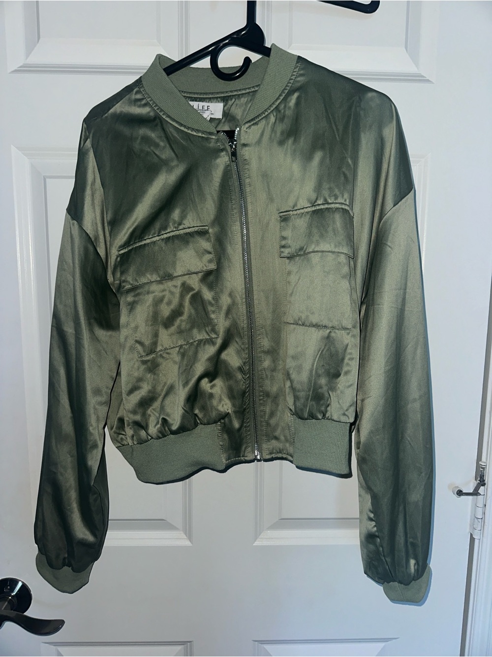 Olive Satin Bomber Jacket - Women